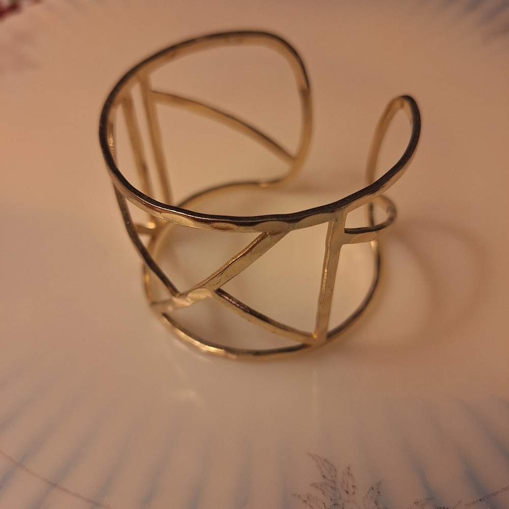 Cuff bracelet goldtone hammered metal open design